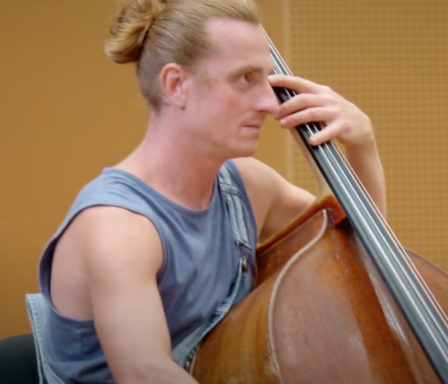 Double bass of the Op.Cit ensemble in rehearsal 